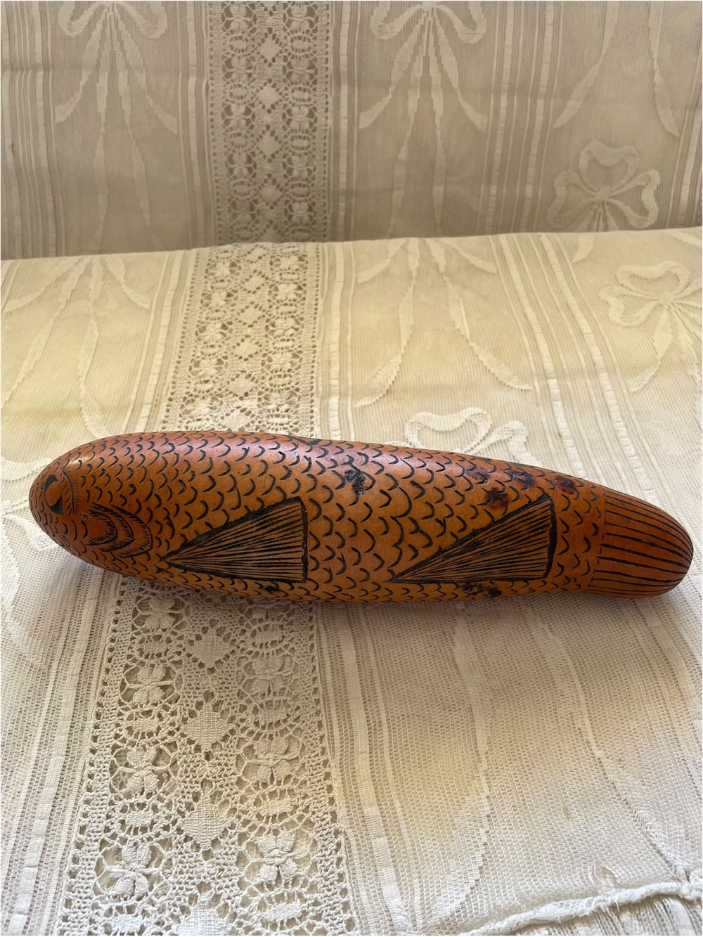 Vintage Peruvian Carved Gourd Fish Rattle Boho Folk Art